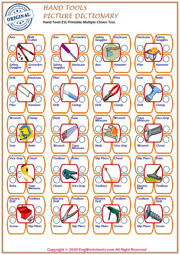 Hand Tools ESL Printable Multiple Choice Test. Worksheet Preview