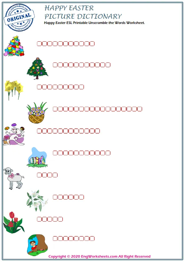 Happy Easter ESL Printable Unscramble the Words Worksheet. Worksheet Preview