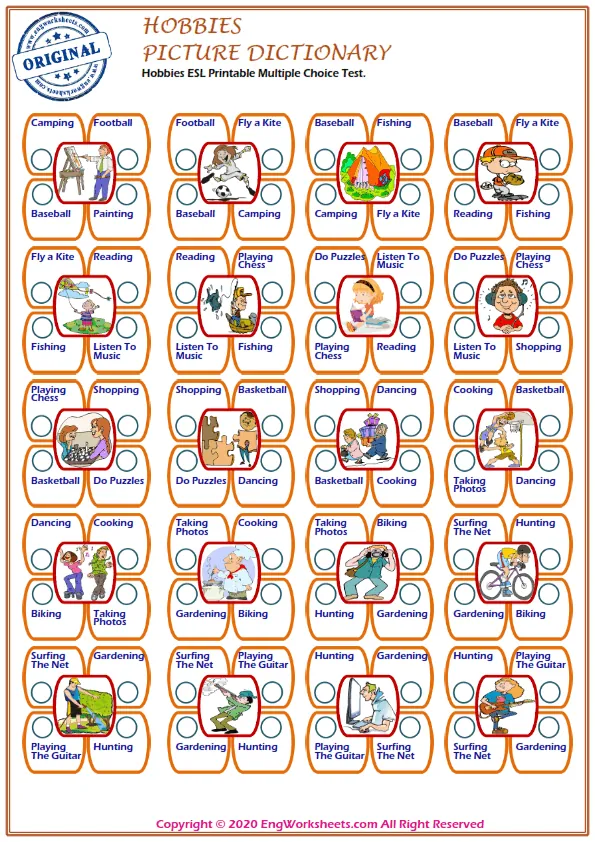 Hobbies ESL Printable Multiple Choice Test. Worksheet Preview