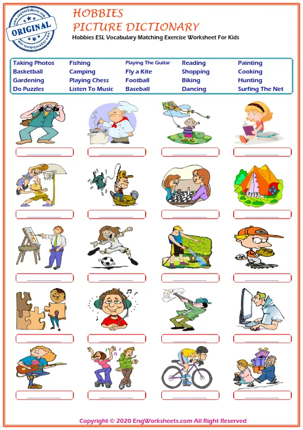 Hobbies ESL Vocabulary Matching Exercise Worksheet For Kids Worksheet Preview
