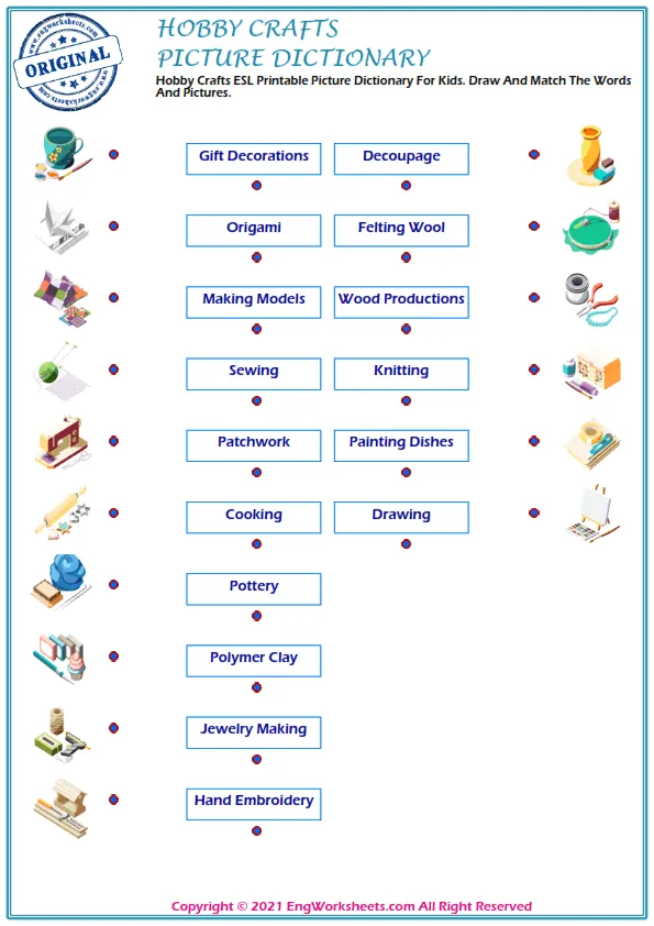 Hobby Crafts ESL Printable Picture Dictionary For Kids. Draw And Match The Words And Pictures. Worksheet Preview