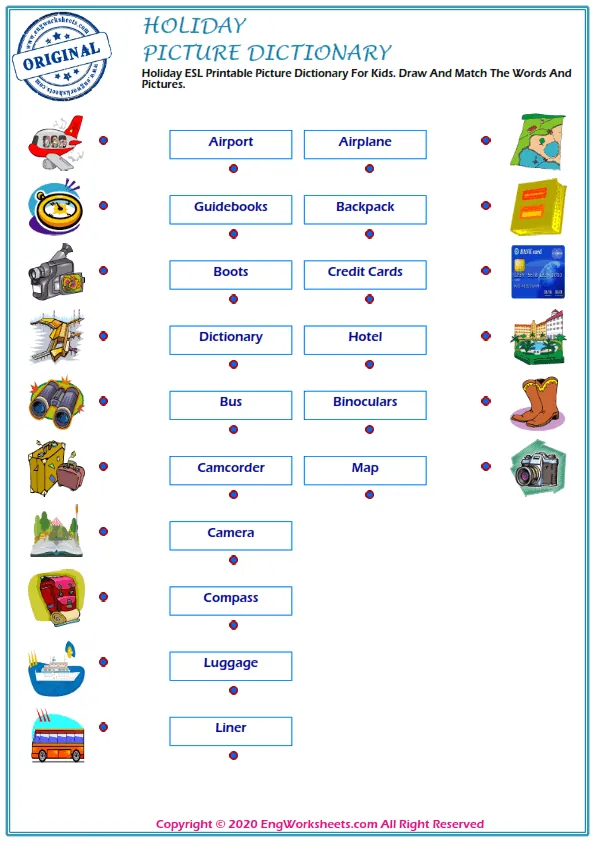 Holiday ESL Printable Picture Dictionary For Kids. Draw And Match The Words And Pictures. Worksheet Preview