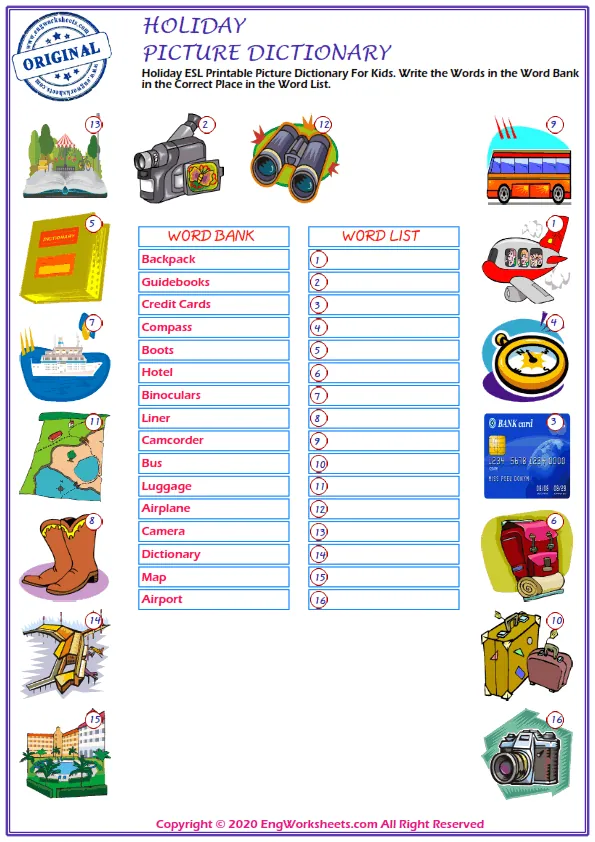 Holiday ESL Printable Picture Dictionary For Kids. Write the Words in the Word Bank in the Correct Place in the Word List. Worksheet Preview