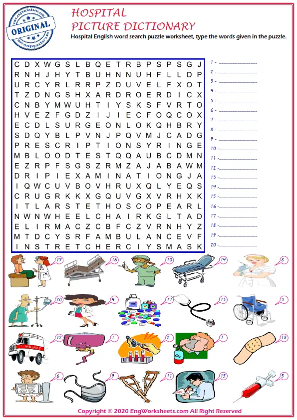 Hospital English word search puzzle worksheet, type the words given in the puzzle. Worksheet Preview