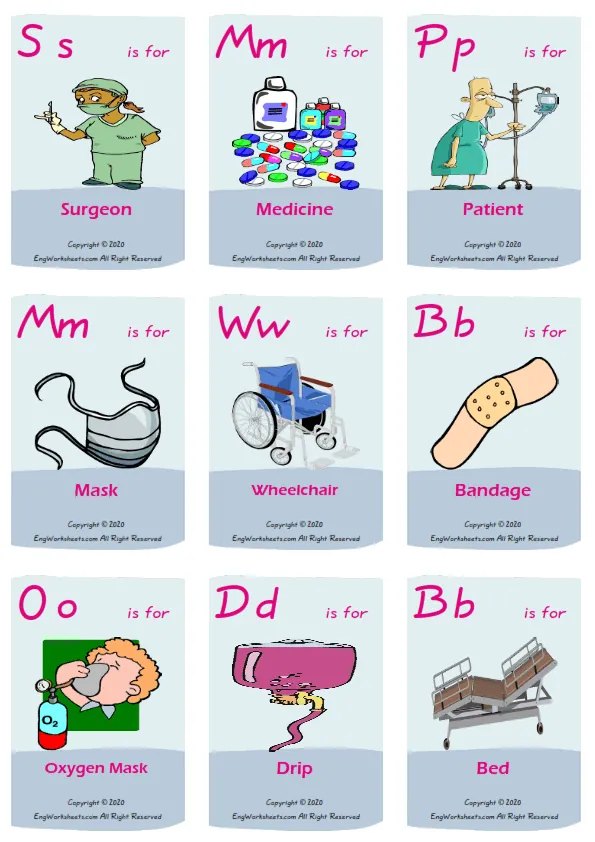 Hospital vocabulary worksheet with words, nine images per page Worksheet Preview