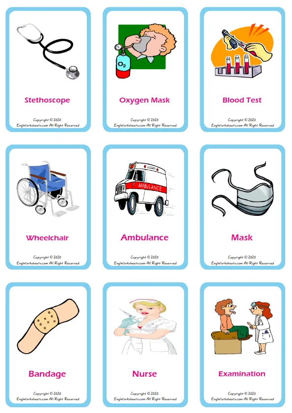 Hospital vocabulary worksheet with words, nine images per page Worksheet Preview