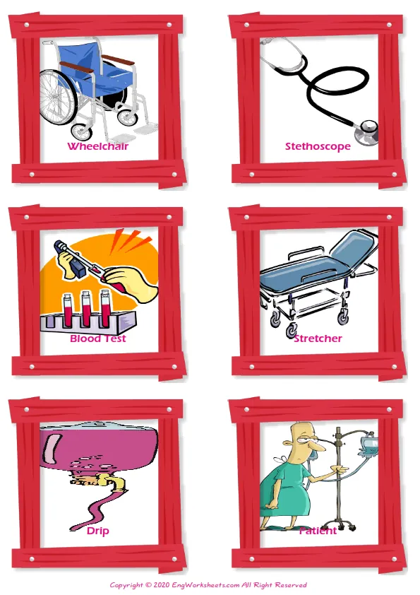 Hospital vocabulary worksheet with words, six images per page Worksheet Preview