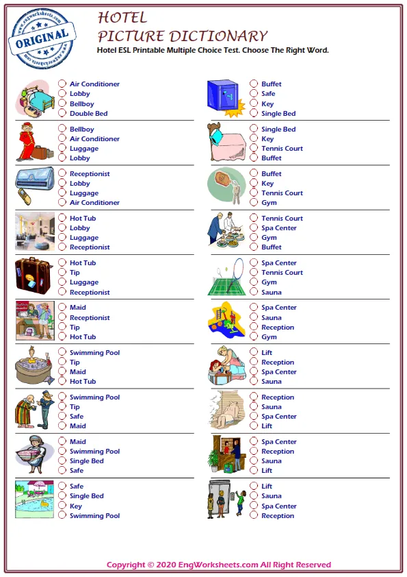 Hotel ESL Printable Multiple Choice Test. Choose The Right Word. Worksheet Preview