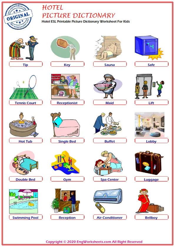 Hotel ESL Printable Picture Dictionary Worksheet For Kids Worksheet Preview