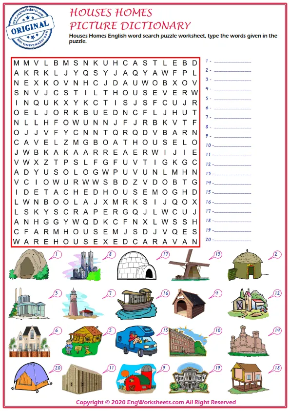 Houses Homes English word search puzzle worksheet, type the words given in the puzzle. Worksheet Preview