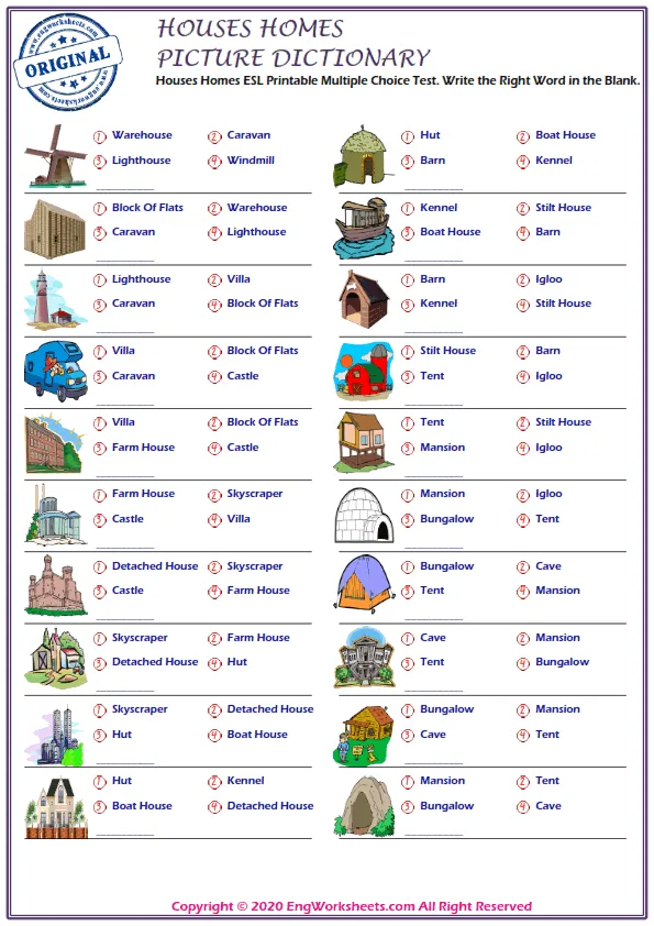Houses Homes ESL Printable Multiple Choice Test. Write the Right Word in the Blank. Worksheet Preview