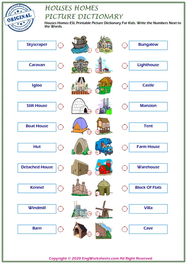 Houses Homes ESL Printable Picture Dictionary For Kids. Write the Numbers Next to the Words. Worksheet Preview
