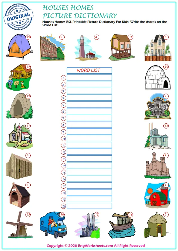Houses Homes ESL Printable Picture Dictionary For Kids. Write the Words on the Word List. Worksheet Preview