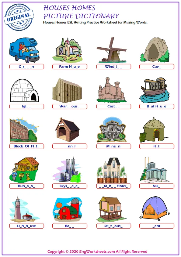 Houses Homes ESL Writing Practice Worksheet for Missing Words. Worksheet Preview