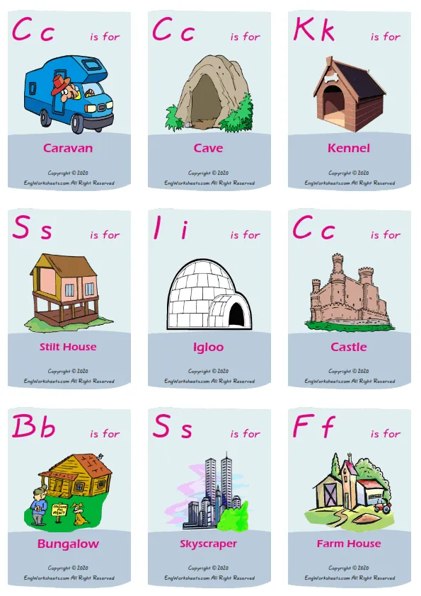 Houses Homes vocabulary worksheet with words, nine images per page Worksheet Preview