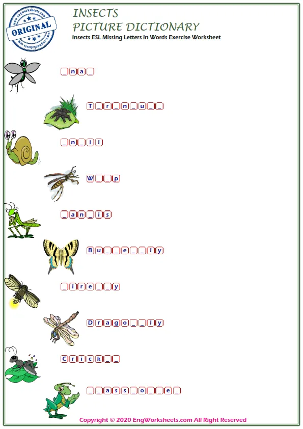 Insects ESL Missing Letters In Words Exercise Worksheet Worksheet Preview