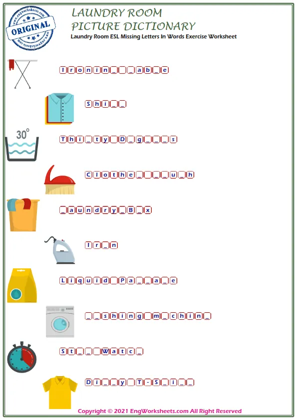 Laundry Room ESL Printable Multiple Choice Test. Write the Right Word in the Blank. Worksheet Preview
