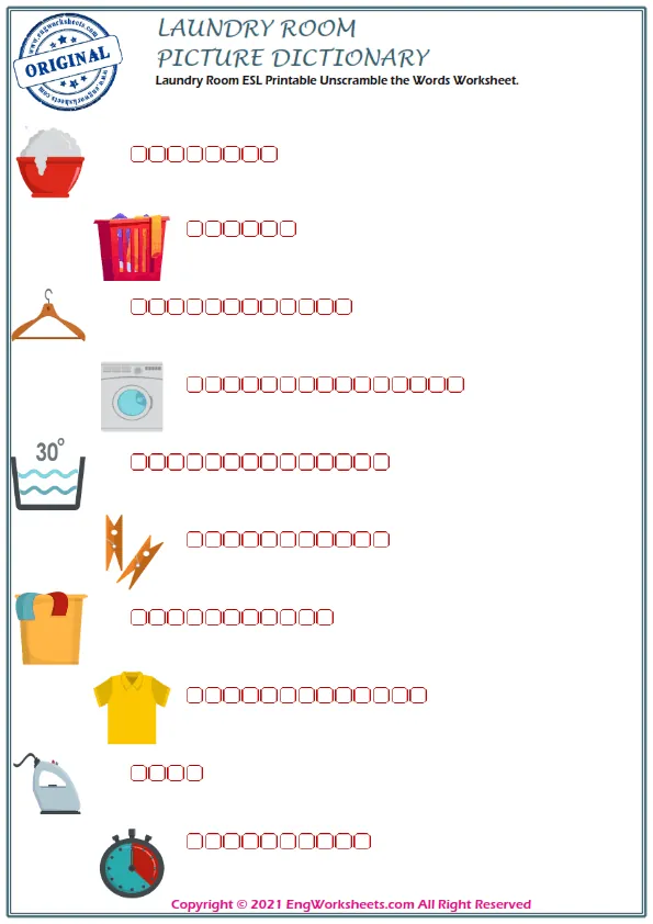 Laundry Room ESL Unscramble the Words Worksheets For Kids Worksheet Preview