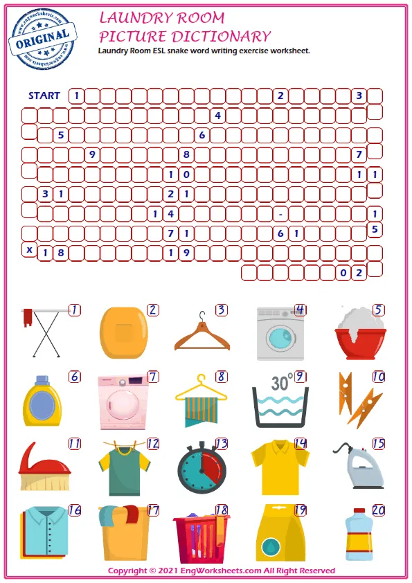 Laundry Room ESL Printable Picture Dictionary For Kids. Write the Numbers in the Word List Next to the Pictures. Worksheet Preview