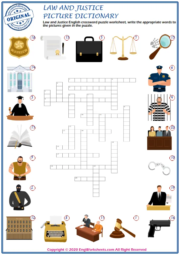 Law and Justice English crossword puzzle worksheet, write the appropriate words to the pictures given in the puzzle. Worksheet Preview