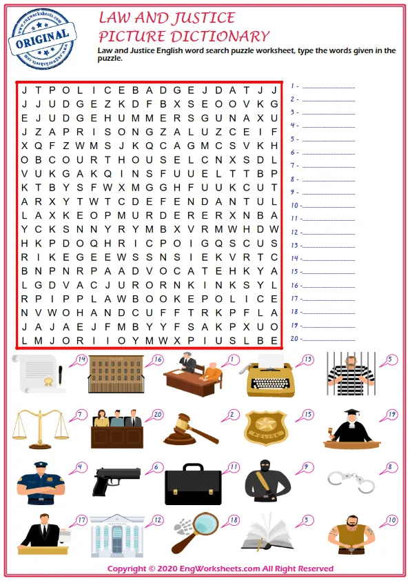 Law and Justice English word search puzzle worksheet, type the words given in the puzzle. Worksheet Preview