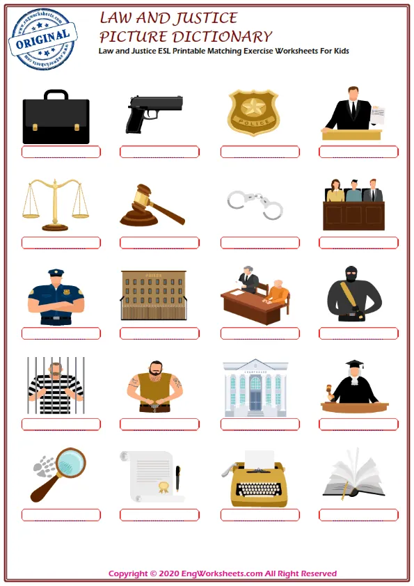 Law and Justice ESL Printable Matching Exercise Worksheets For Kids Worksheet Preview