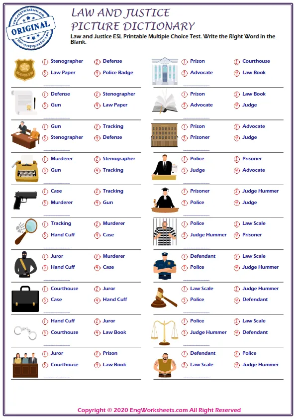 Law and Justice ESL Printable Multiple Choice Test. Write the Right Word in the Blank. Worksheet Preview