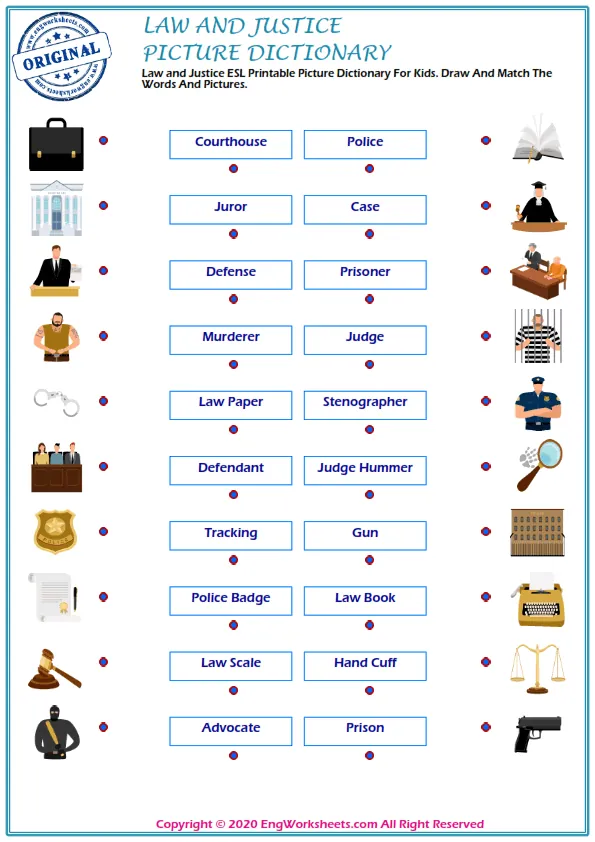 Law and Justice ESL Printable Picture Dictionary For Kids. Draw And Match The Words And Pictures. Worksheet Preview