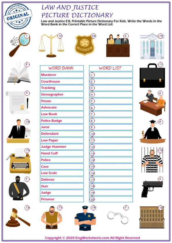 Law and Justice ESL Printable Picture Dictionary For Kids. Write the Words in the Word Bank in the Correct Place in the Word List. Worksheet Preview
