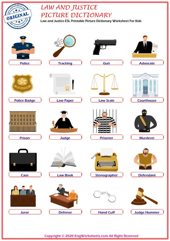 Law and Justice ESL Printable Picture Dictionary Worksheet For Kids Worksheet Preview