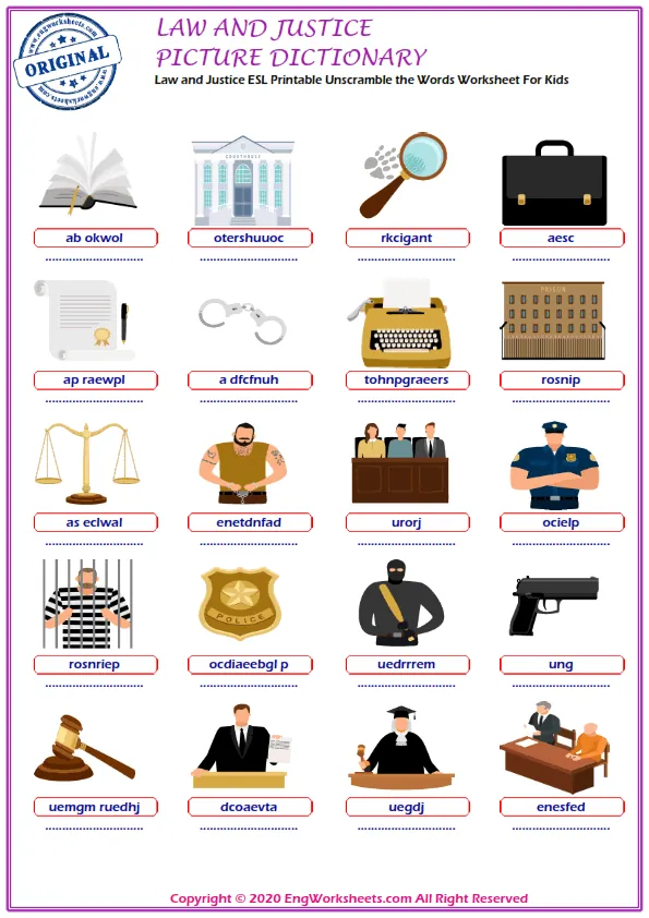 Law and Justice ESL Printable Unscramble the Words Worksheet For Kids Worksheet Preview