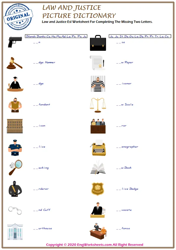 Law and Justice Esl Worksheet For Completing The Missing Two Letters. Worksheet Preview