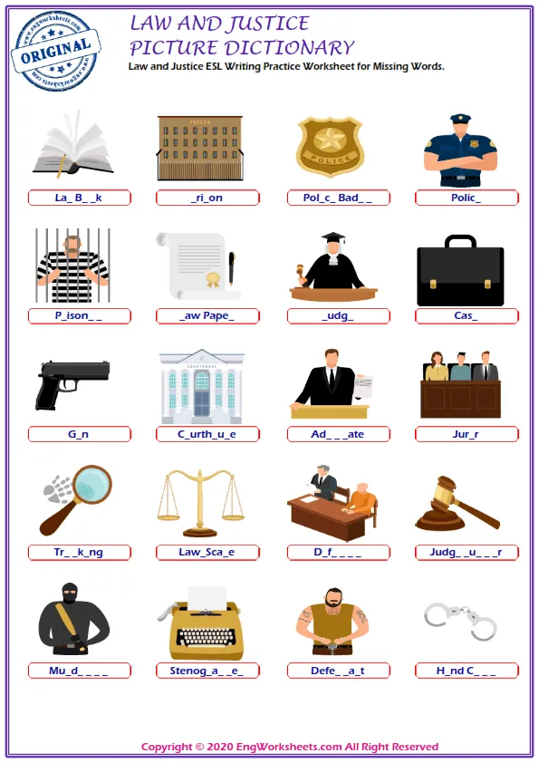 Law and Justice ESL Writing Practice Worksheet for Missing Words. Worksheet Preview