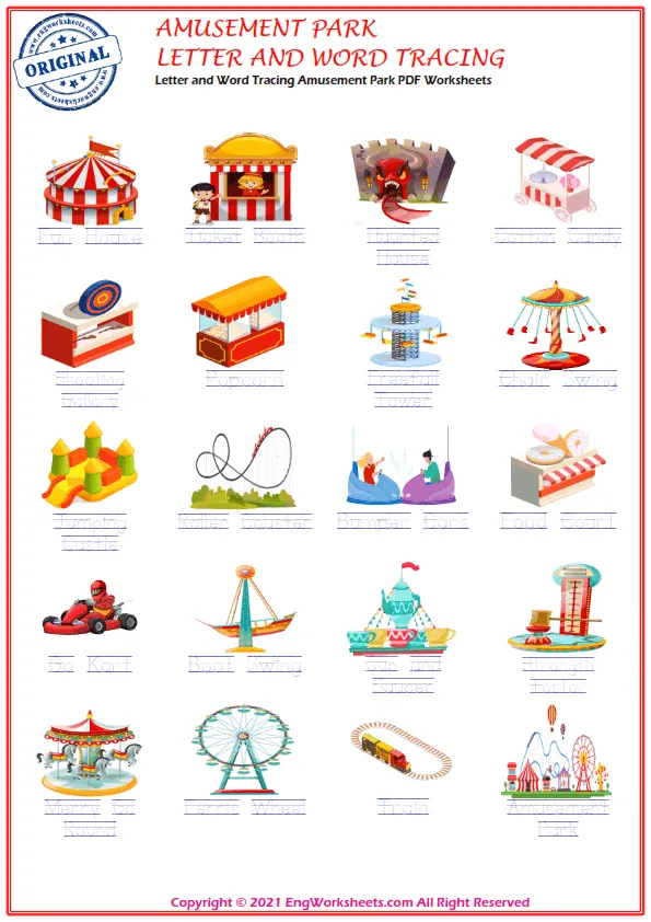 Letter and Word Tracing Amusement Park PDF Worksheets Worksheet Preview