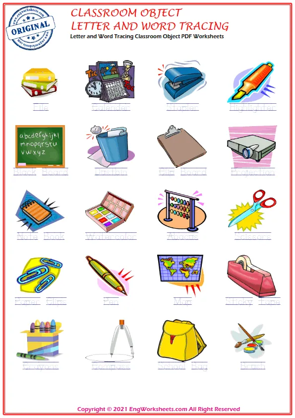 Letter and Word Tracing Classroom Objects PDF Worksheets Worksheet Preview