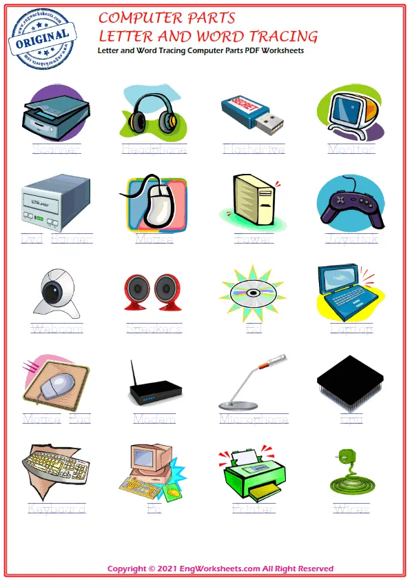 Letter and Word Tracing Computer Parts PDF Worksheets Worksheet Preview