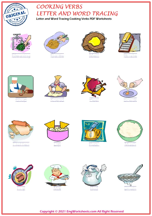 Letter and Word Tracing Cooking Verbs PDF Worksheets Worksheet Preview