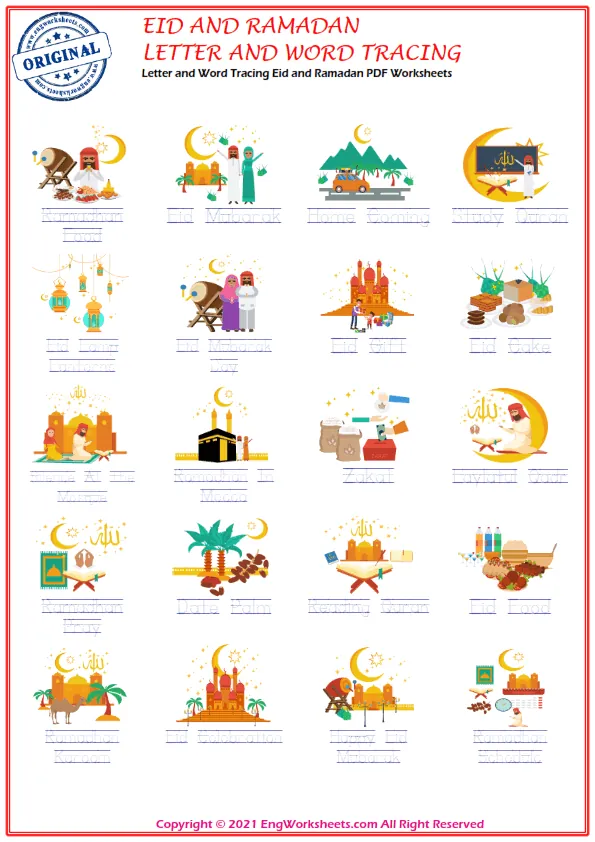 Letter and Word Tracing Eid and Ramadan PDF Worksheets Worksheet Preview
