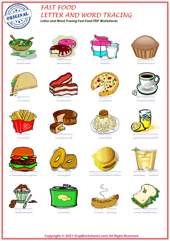 Letter and Word Tracing Fast Food PDF Worksheets Worksheet Preview