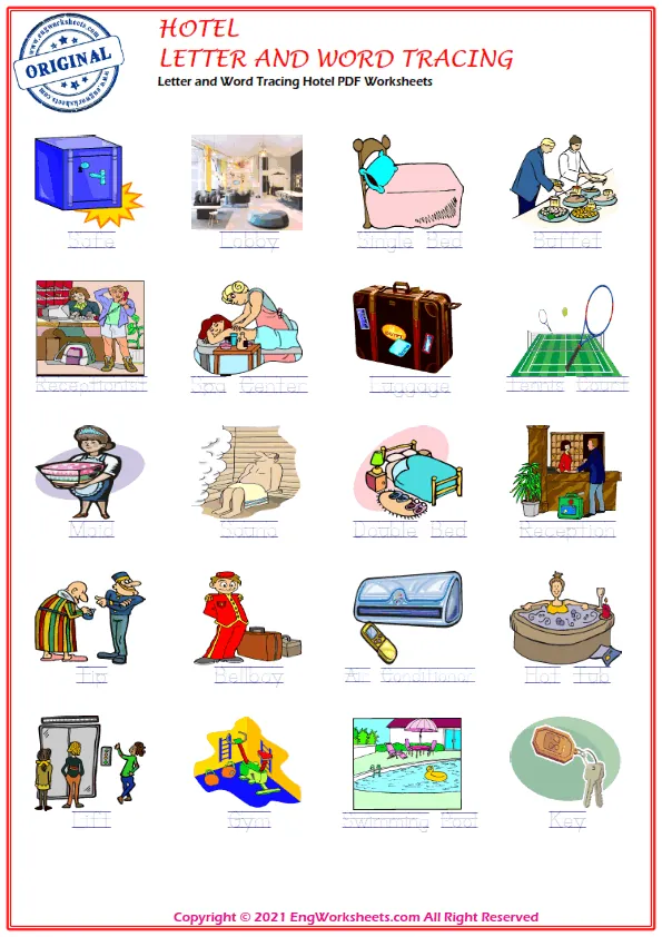 Letter and Word Tracing Hotel PDF Worksheets Worksheet Preview