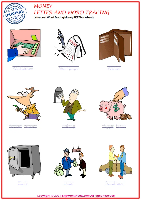 Letter and Word Tracing Money PDF Worksheets Worksheet Preview