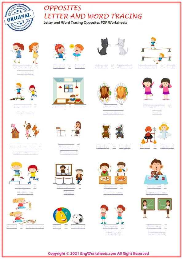 Letter and Word Tracing Opposites PDF Worksheets Worksheet Preview