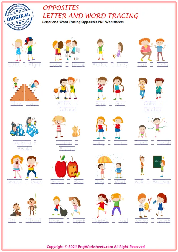 Letter and Word Tracing Opposites PDF Worksheets Worksheet Preview