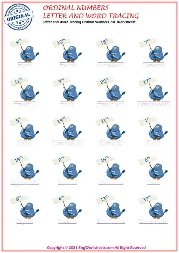 Letter and Word Tracing Ordinal Numbers PDF Worksheets Worksheet Preview
