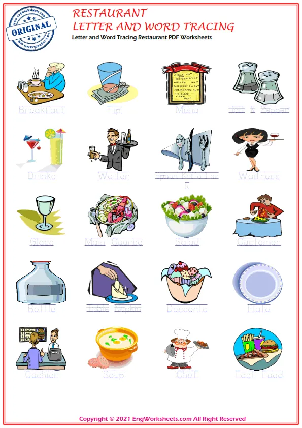 Letter and Word Tracing Restaurant PDF Worksheets Worksheet Preview