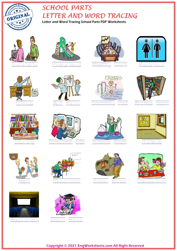 Letter and Word Tracing School Parts PDF Worksheets Worksheet Preview
