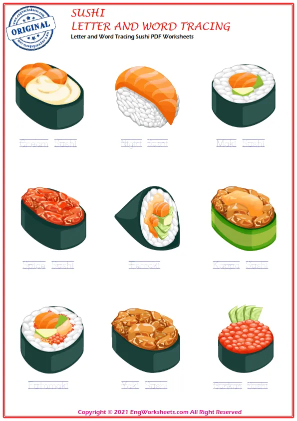Letter and Word Tracing Sushi PDF Worksheets Worksheet Preview