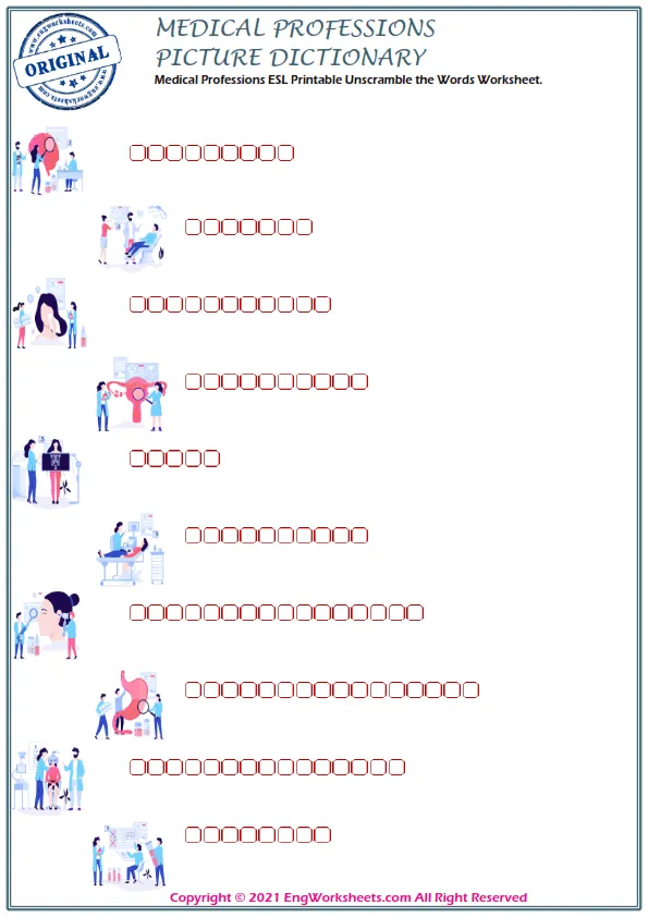 Medical Professions ESL Printable Unscramble the Words Worksheet. Worksheet Preview