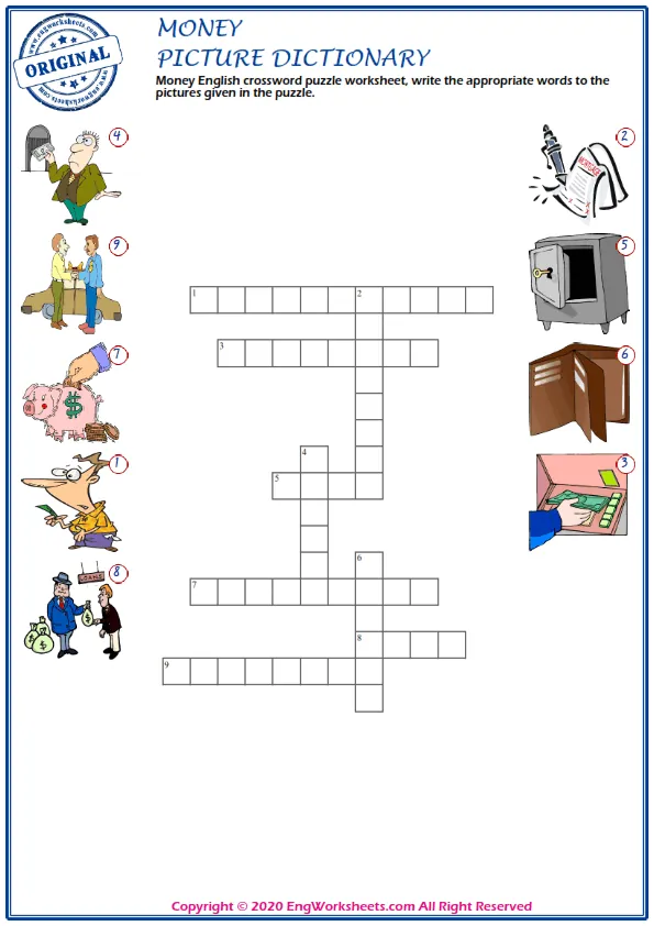Money English crossword puzzle worksheet, write the appropriate words to the pictures given in the puzzle. Worksheet Preview