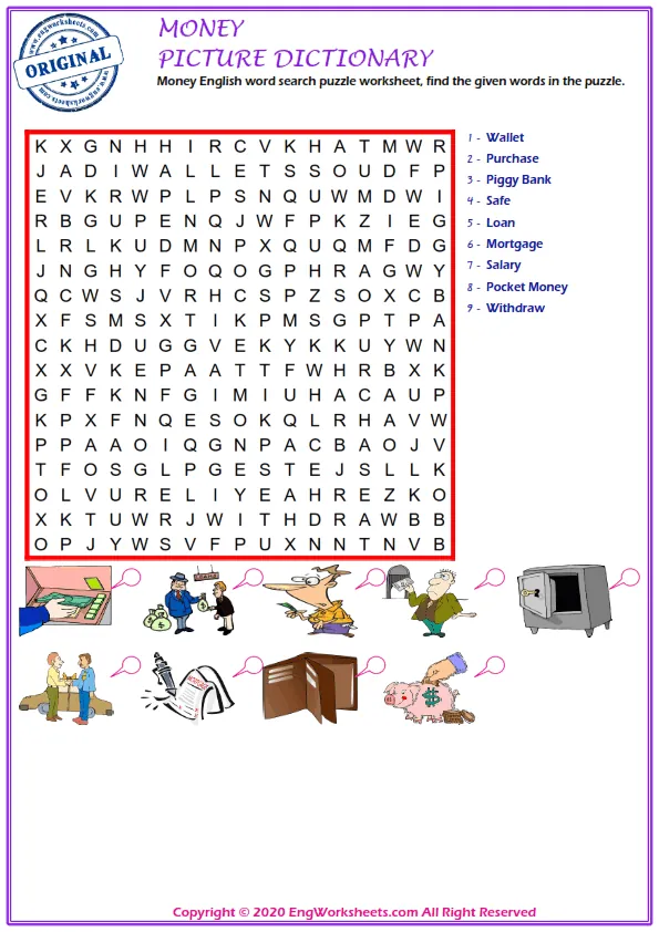 Money English word search puzzle worksheet, find the given words in the puzzle. Worksheet Preview